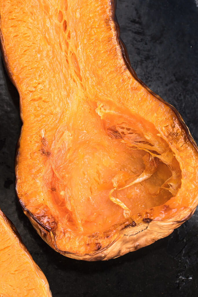 Oven Roasted Butternut Squash brushed with olive oil for soup - vegan family recipes