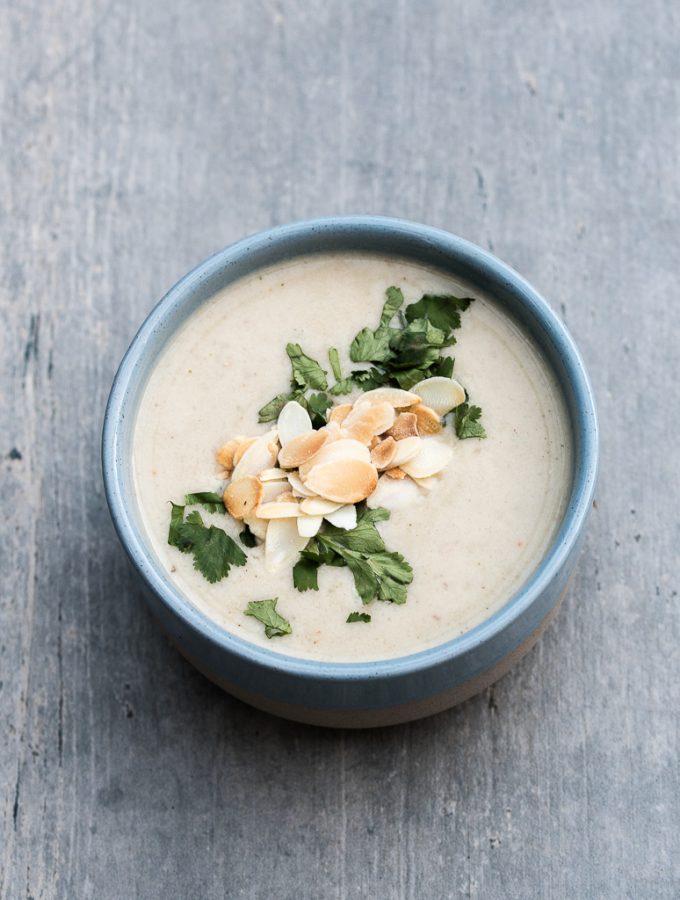 Recipe for Creamy Almond Soup from Awesome Vegan Soups Cookbook - VeganFamilyRecipes.com #gf #healthy