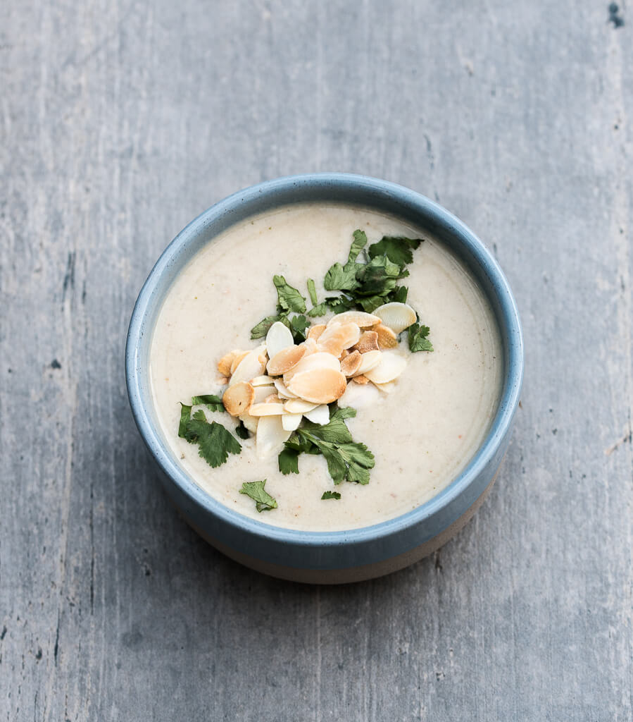 Recipe for Creamy Almond Soup from Awesome Vegan Soups Cookbook - VeganFamilyRecipes.com #gf #healthy