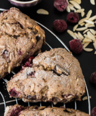 Vegan Raspberry Chocolate Almond Scones Recipe from VeganFamilyRecipes.com #vegan breakfast recipe #brunch #nuts