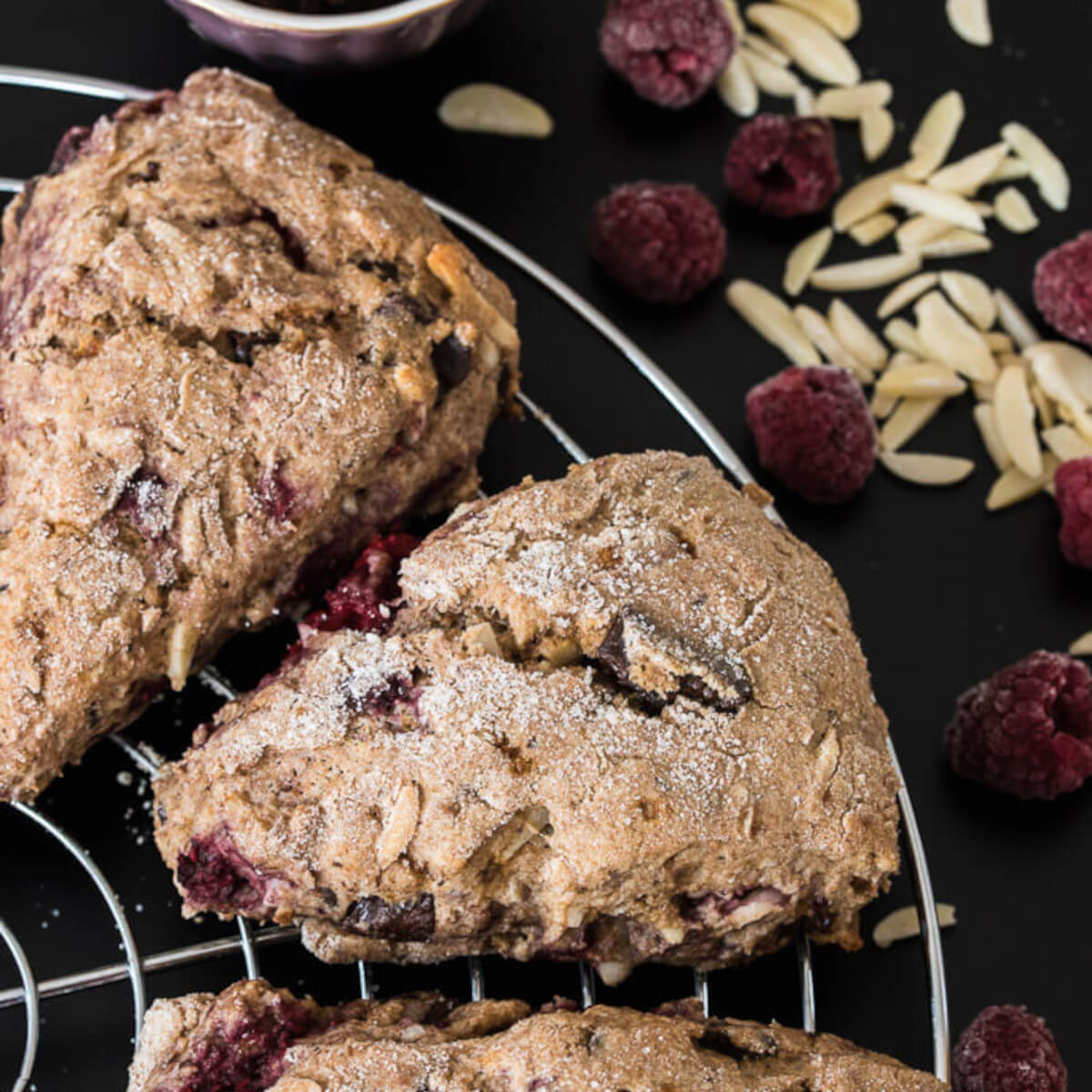 Vegan Raspberry Chocolate Almond Scones Recipe from VeganFamilyRecipes.com #vegan breakfast recipe #brunch #nuts