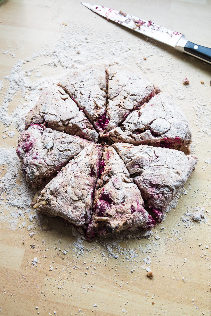 Raspberry Chocolate Almond Vegan Scones Recipe /// VeganFamilyRecipes.com #breakfast #brunch