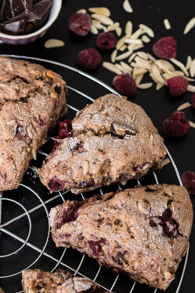 Healthy, Vegan Raspberry Chocolate Almond Scones Recipe perfect for brunch, breakfast or a snack /// VeganFamilyRecipes.com #veganrecipe #dessert