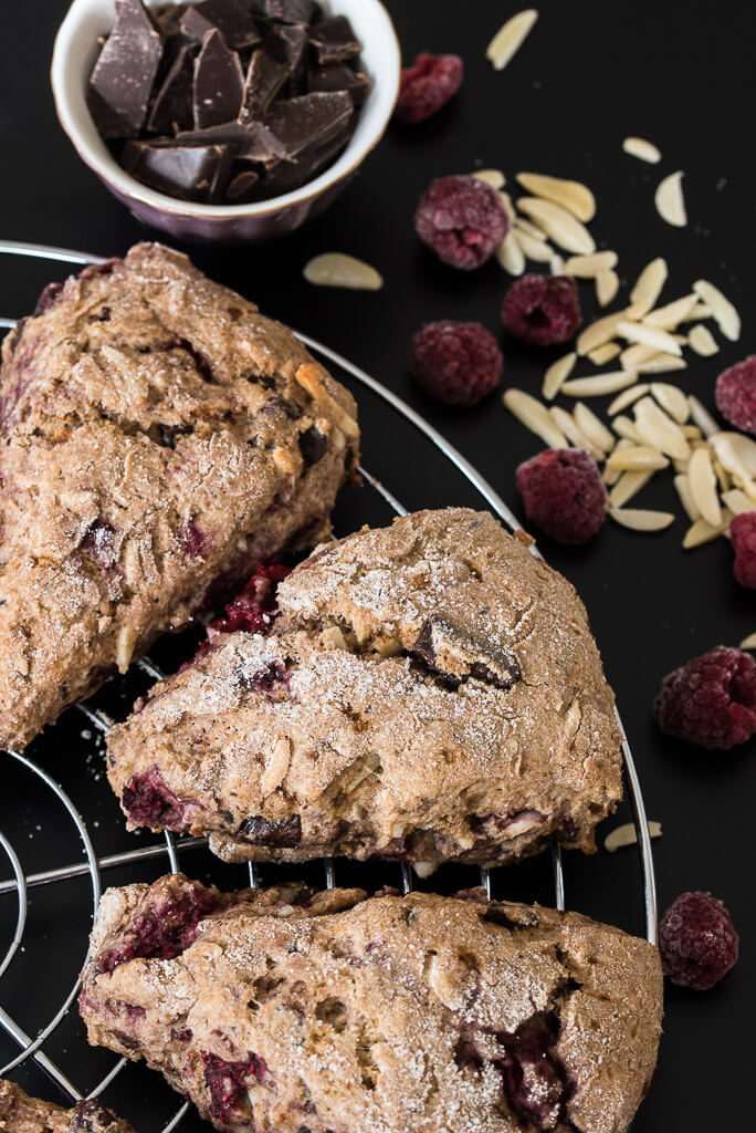 Vegan Raspberry Chocolate Almond Scones Recipe from VeganFamilyRecipes.com #vegan breakfast recipe #brunch #nuts