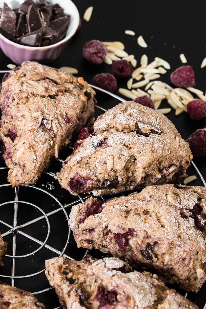 Raspberry Chocolate Almond Vegan Scones Recipe from VeganFamilyRecipes.com #healthy #brunch