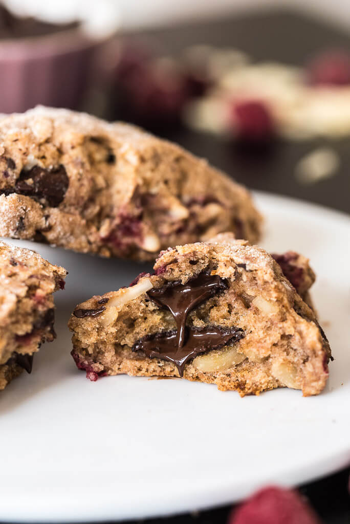 Chocolate Almond Raspberry Vegan Scones Recipe from VeganFamilyRecipes.com #breakfast #brunch #dessert