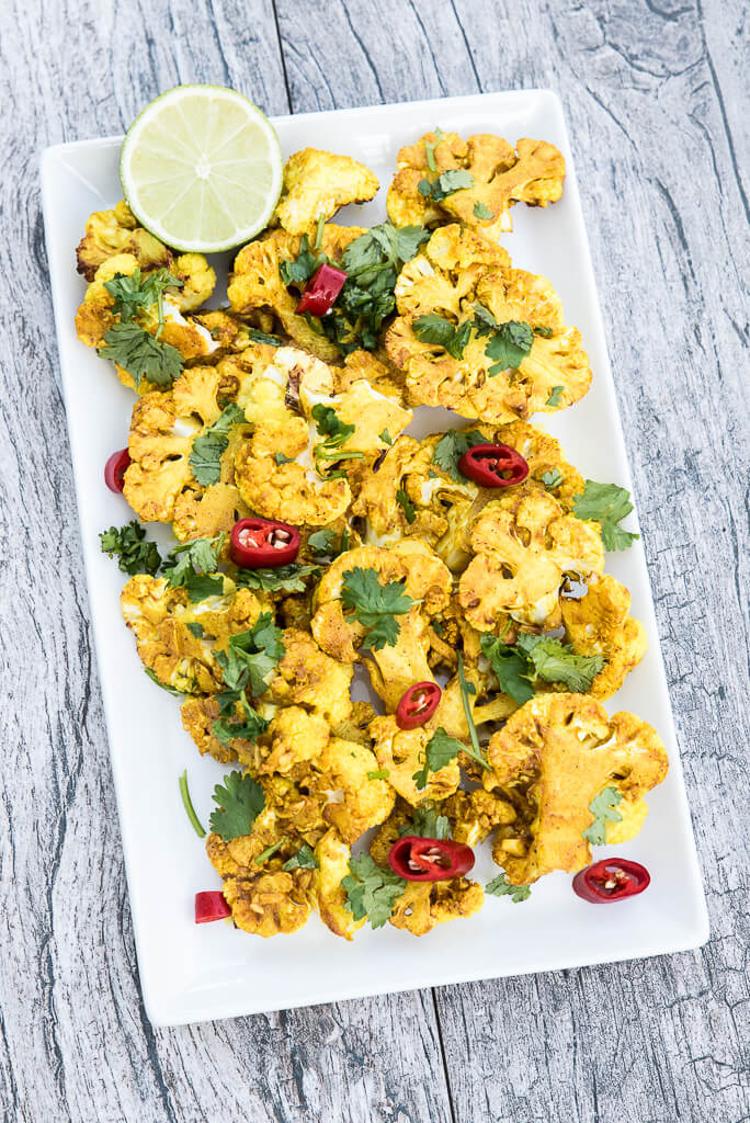 Turmeric Roasted Cauliflower with Chili, Cilantro and Lime