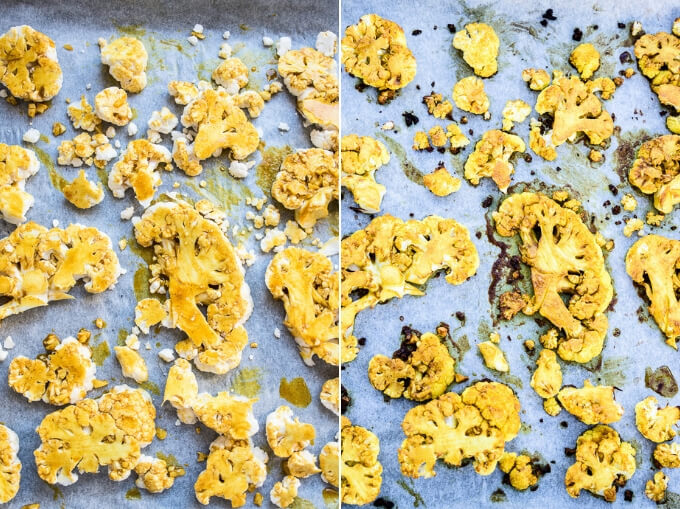 uncooked vs cooked cauliflower with turmeric on baking sheet
