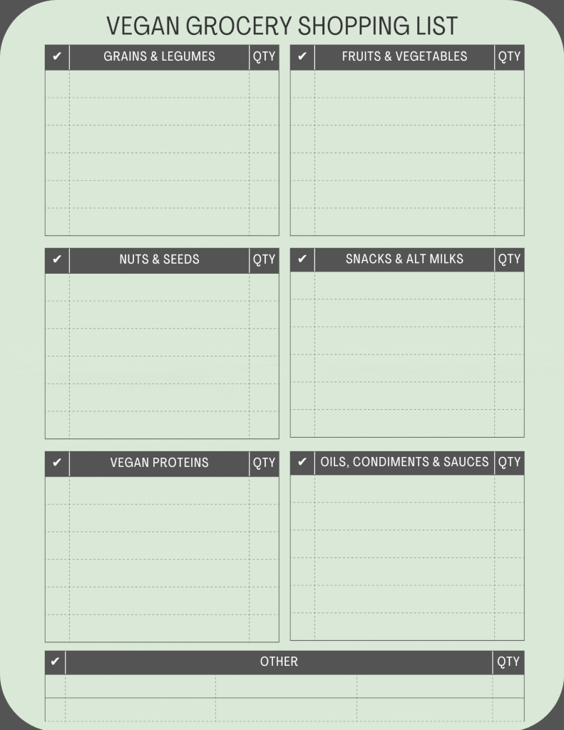 Vegan Grocery Shopping List Printable